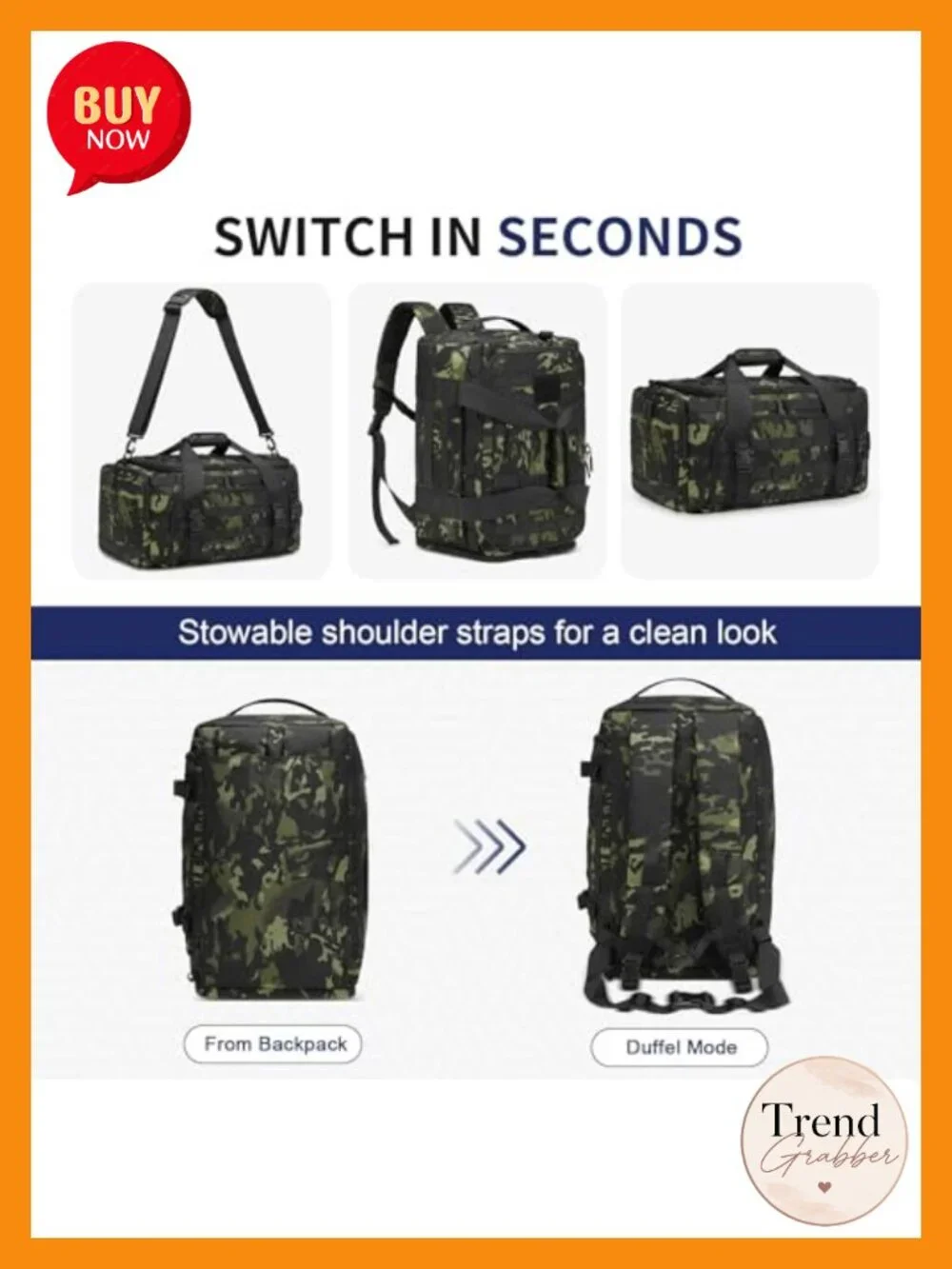 Convertible Duffel Backpack 38L 3-in-1 Nylon Insulated Bottom Laptop Sleeve